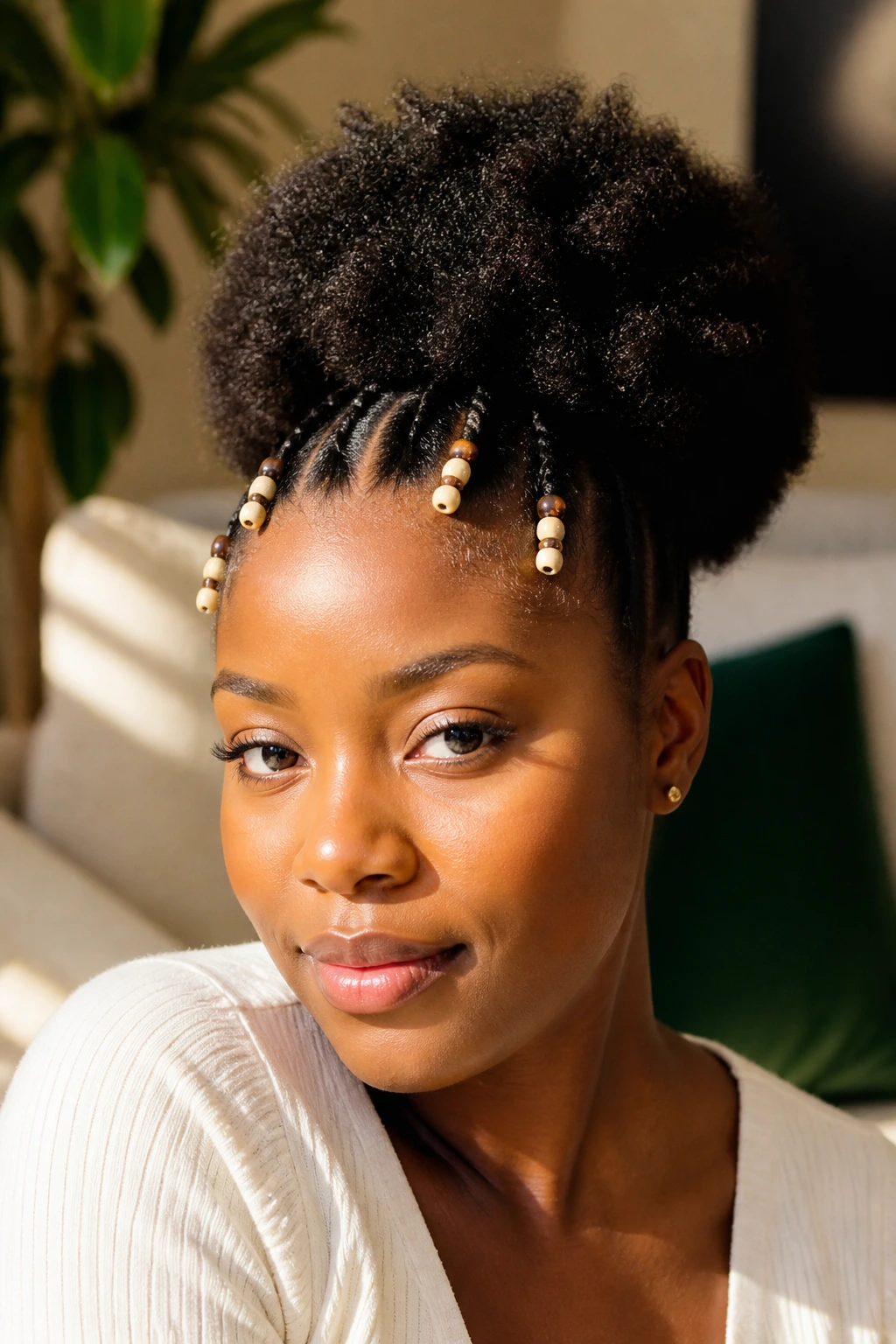 Beaded-end puff hairstyle with small beads at the front