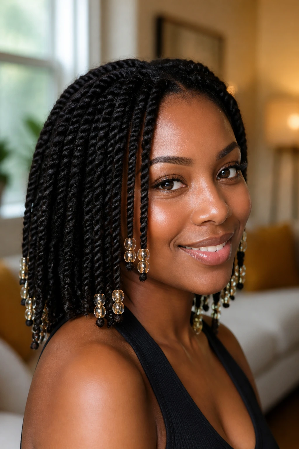 Close-up of a real woman wearing beaded-end spring twists with beads at the ends
