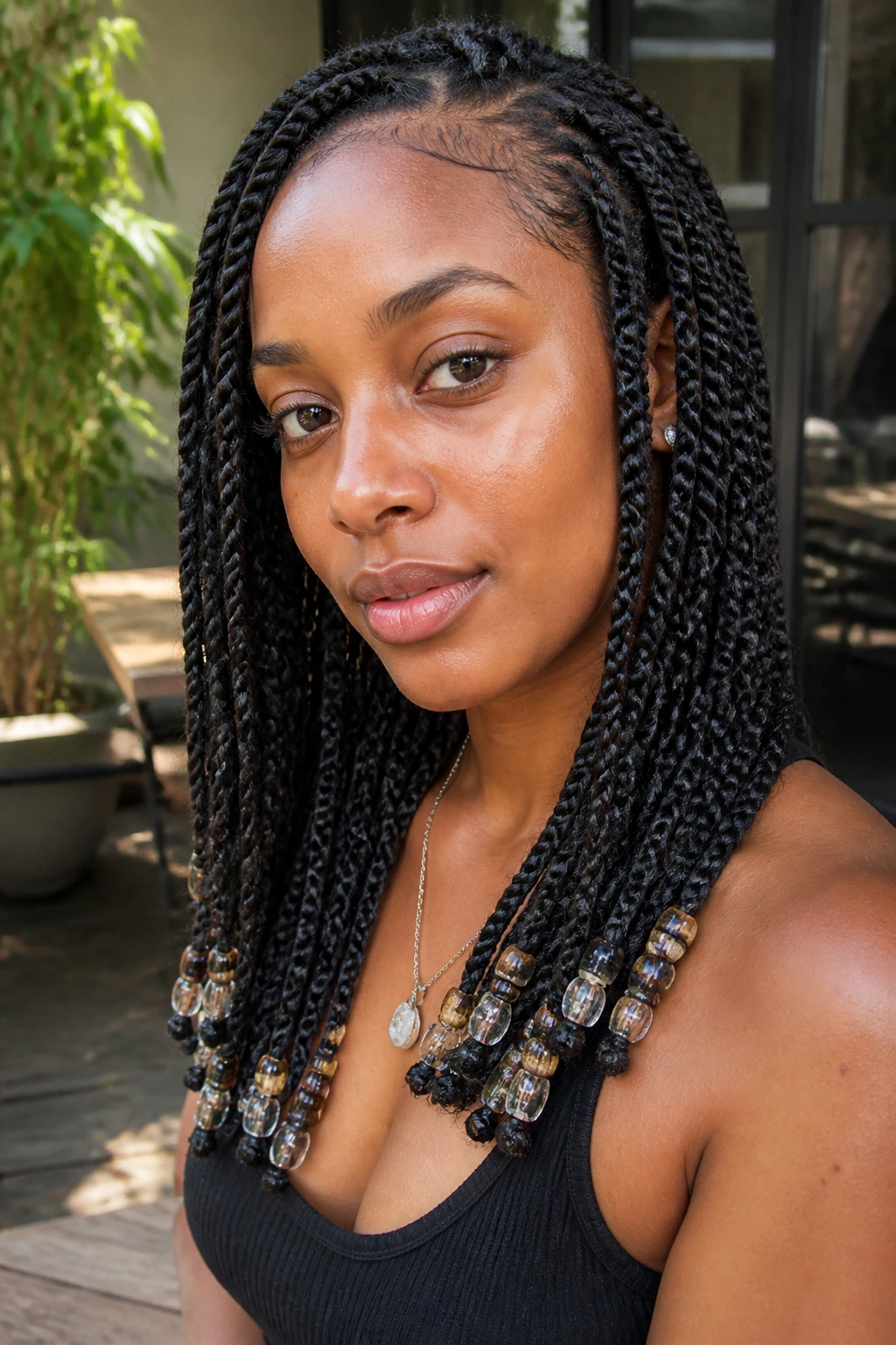 Close-up portrait of a woman with beaded-end Senegalese twists.