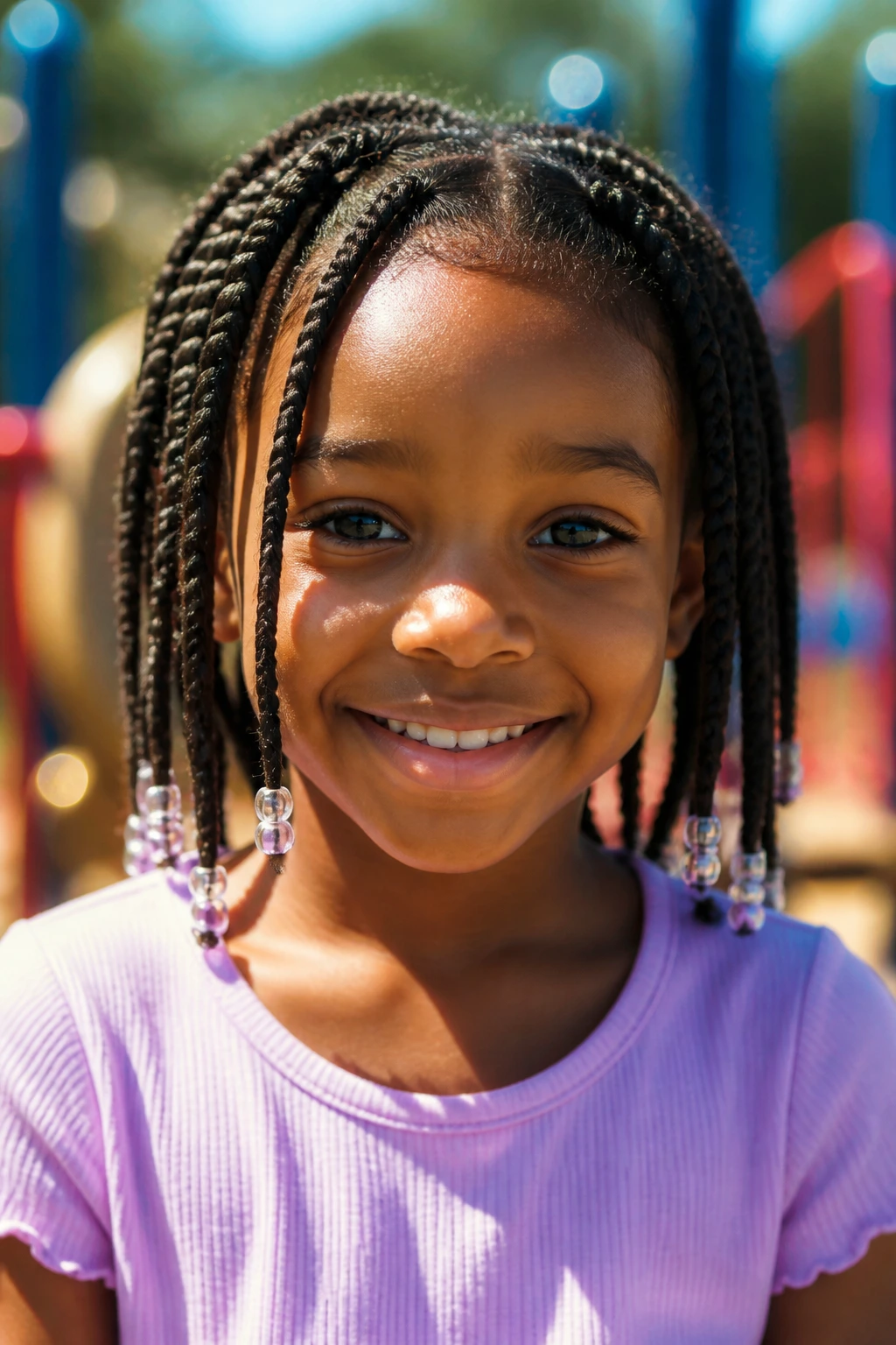Child with beaded ends on box braids at the playground.