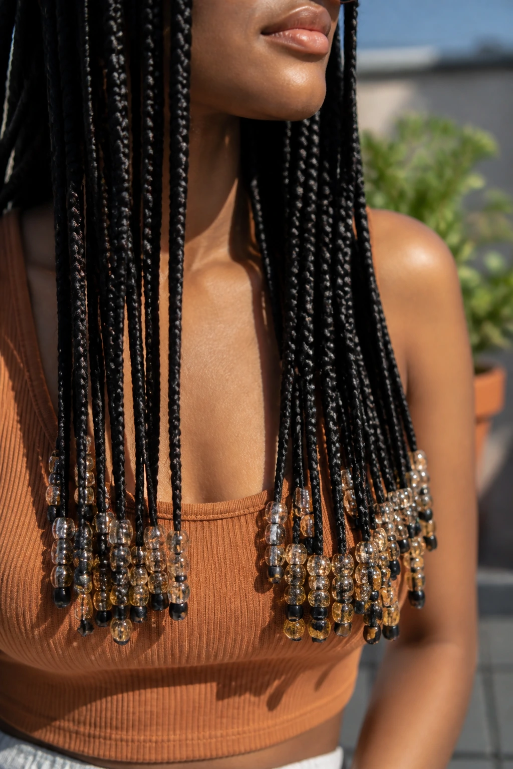 Close-up of long box braids with beaded ends on a real person
