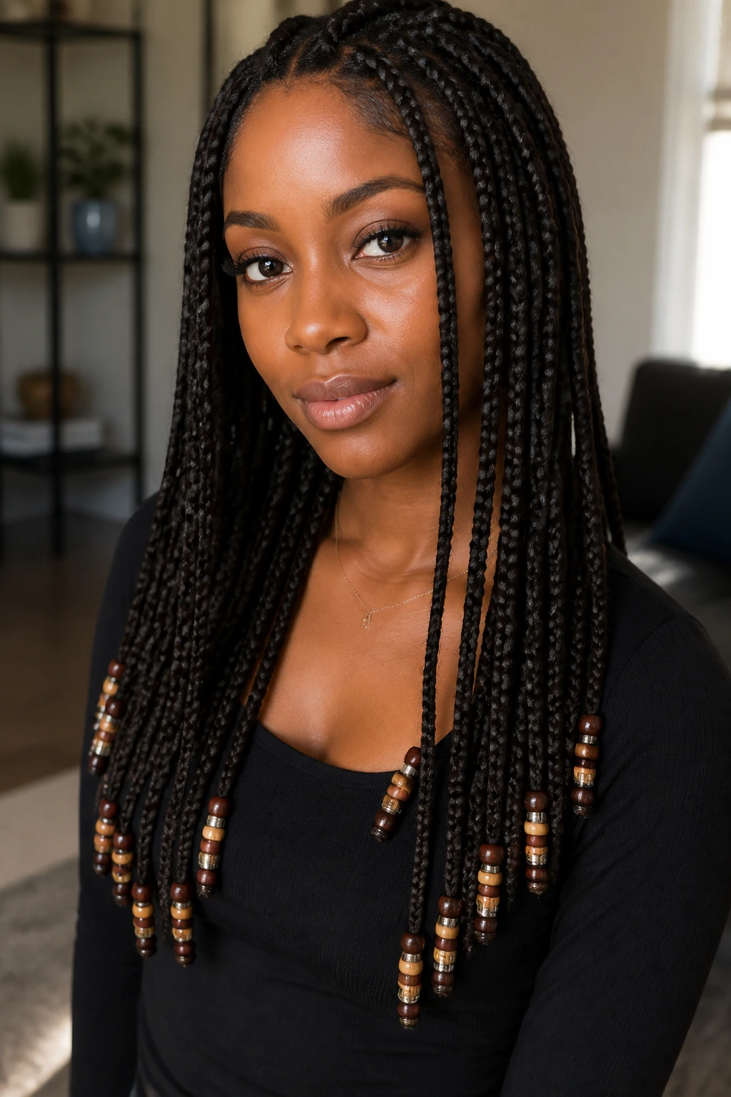 Close-up of a real person with beaded ends on long braids
