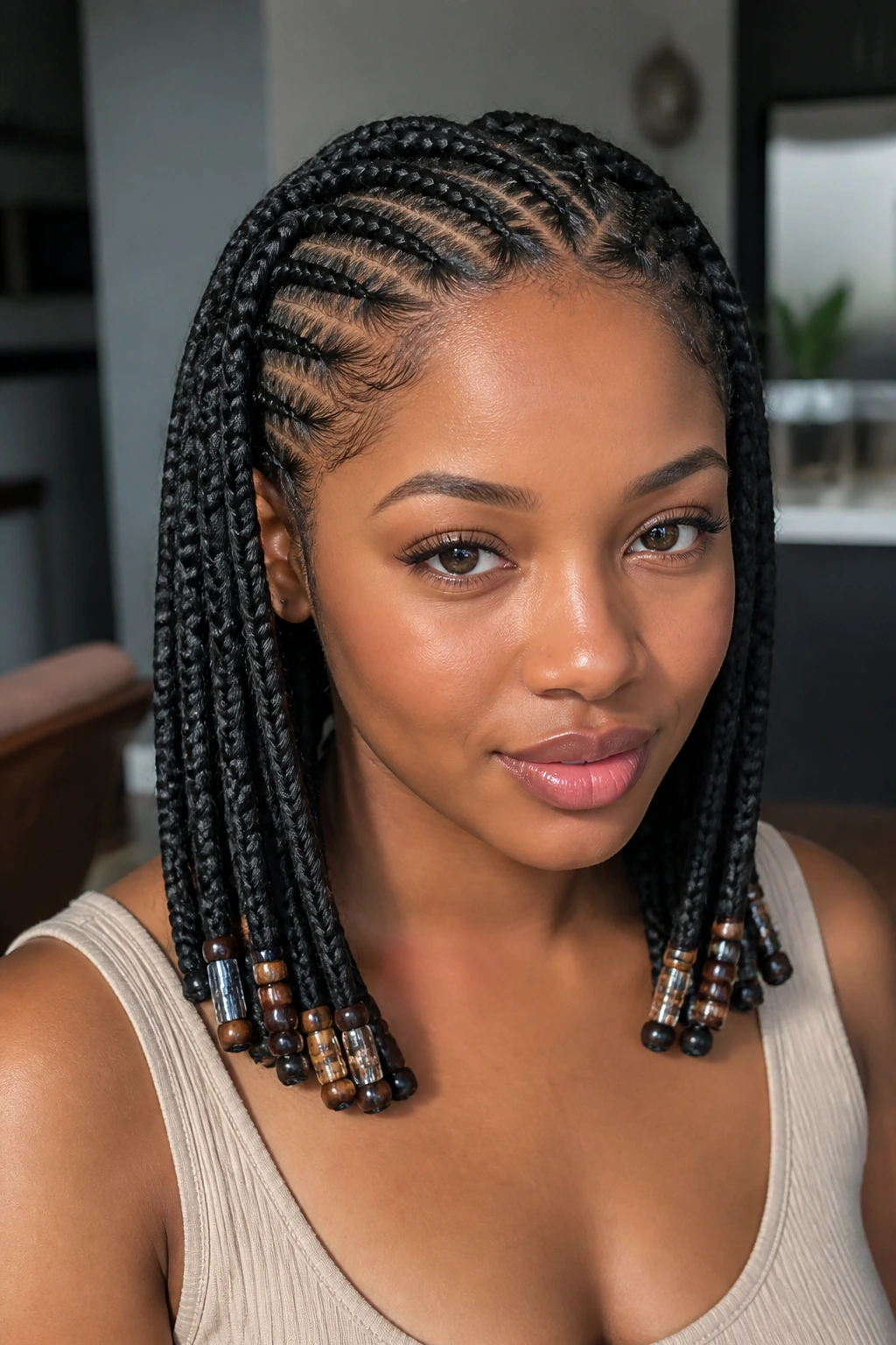 Close-up of beaded ends and front cornrows on a real person in a modern interior.