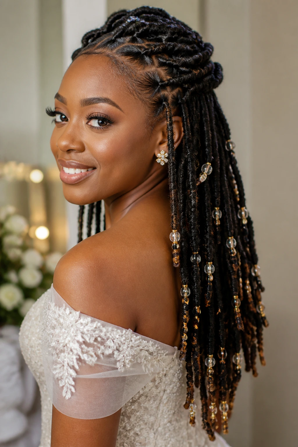 Close-up of a real bride with half-up waterfall locs and beaded ends