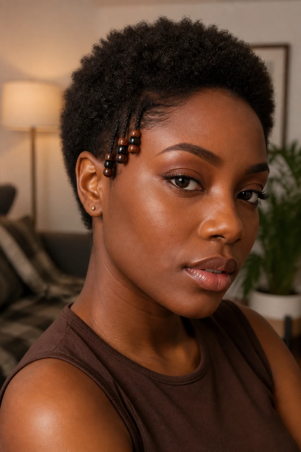 Close-up of a Black woman with beaded ends on a short Afro