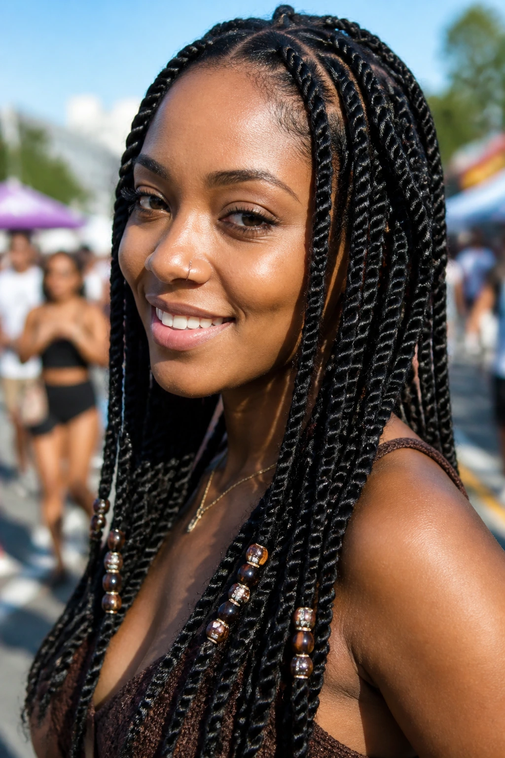 Close-up of a real woman's passion twists with beaded ends