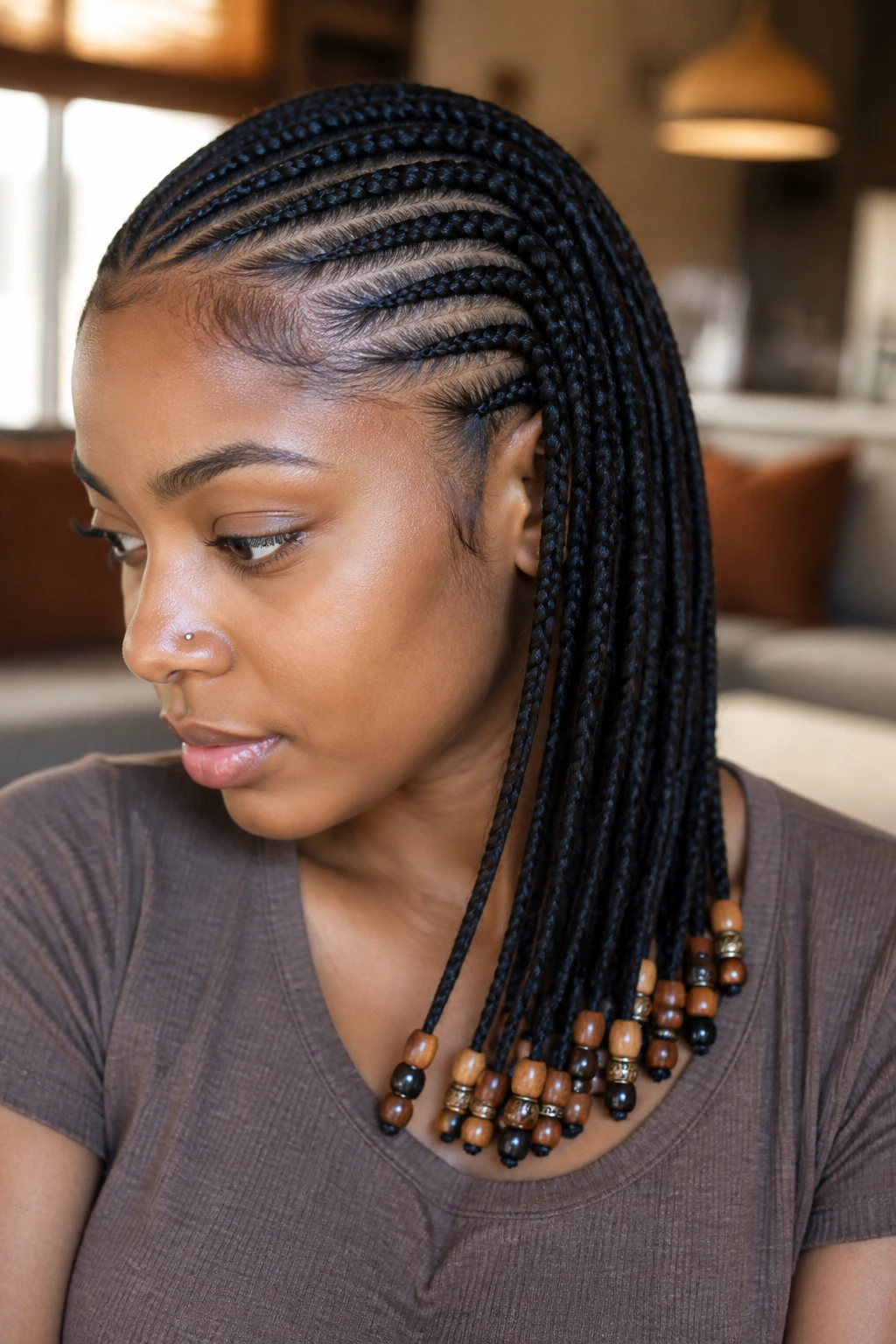 Portrait of beaded feed-in braids at the ends on a real woman