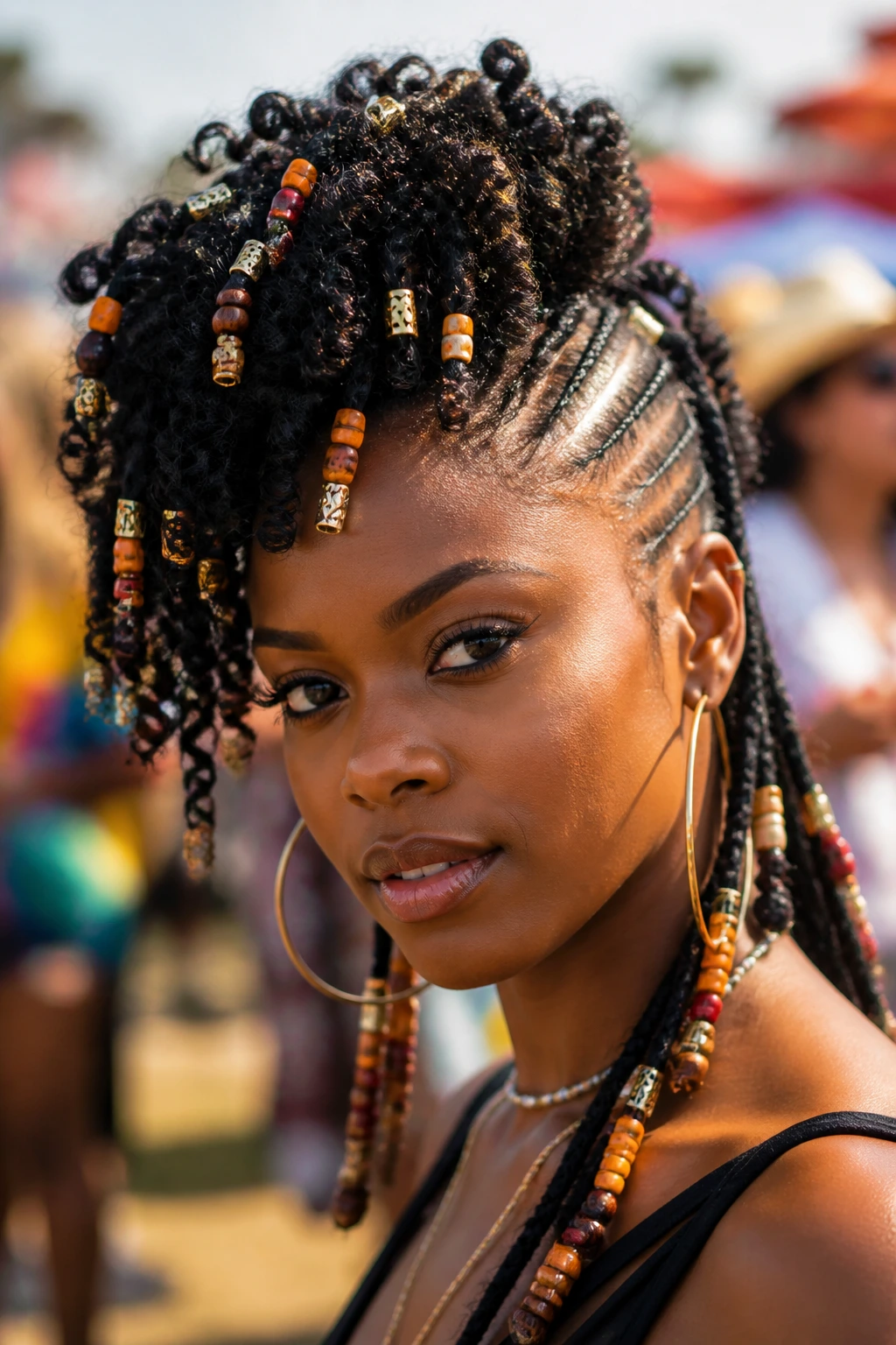 Close-up of a real woman with beaded accents on a festival mohawk against a sunny outdoor background