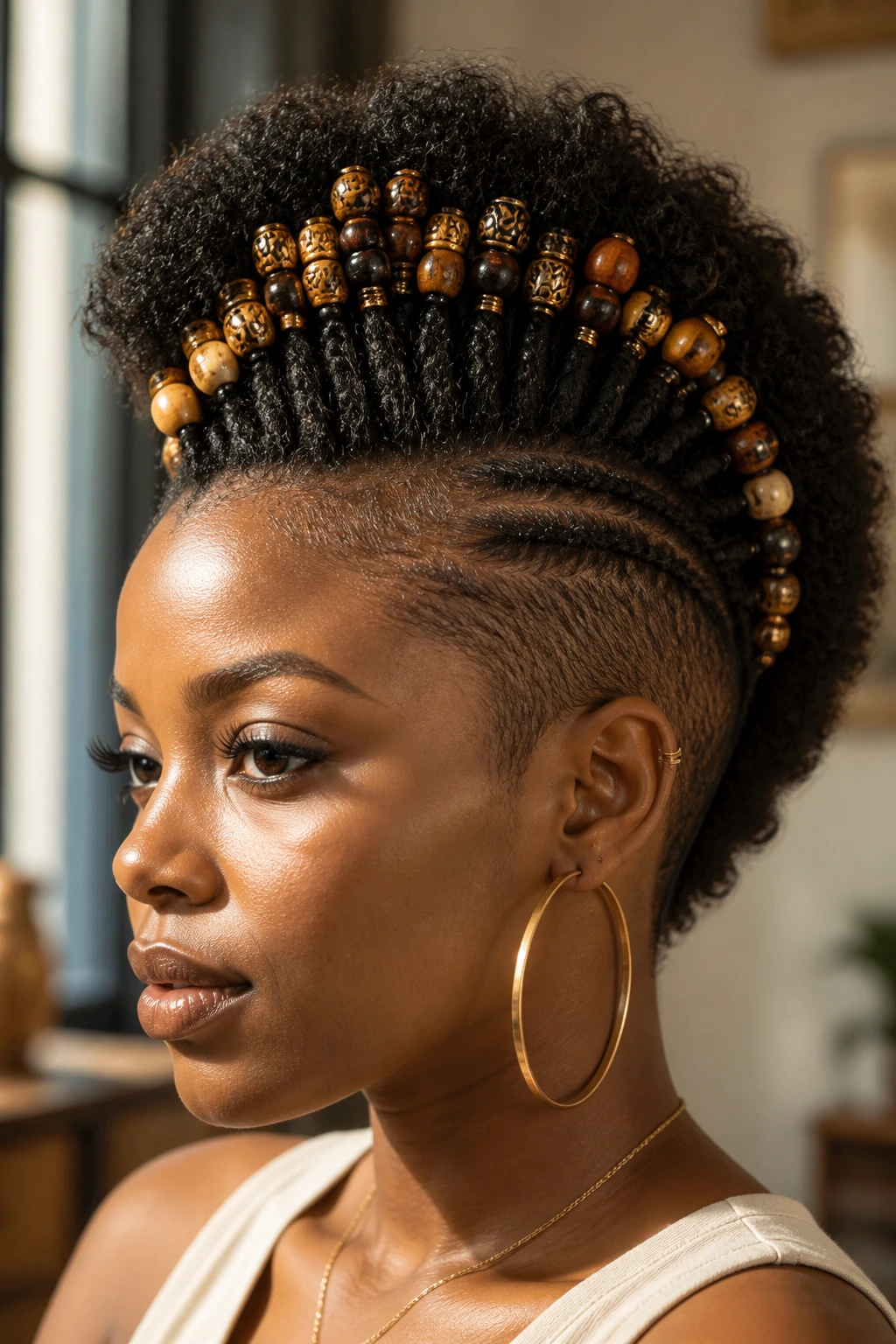 Beaded frohawk with beads along the center strip on a real person.