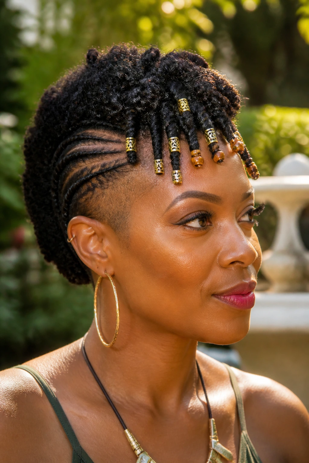 Close-up of a real person with Beaded Frohawk showing beads on twist ends