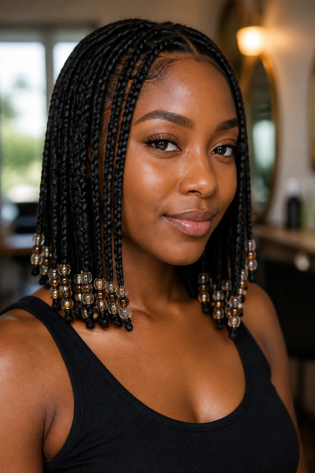 Close-up portrait of a real person with beaded hairstyle concentrated near the ends in warm salon lighting