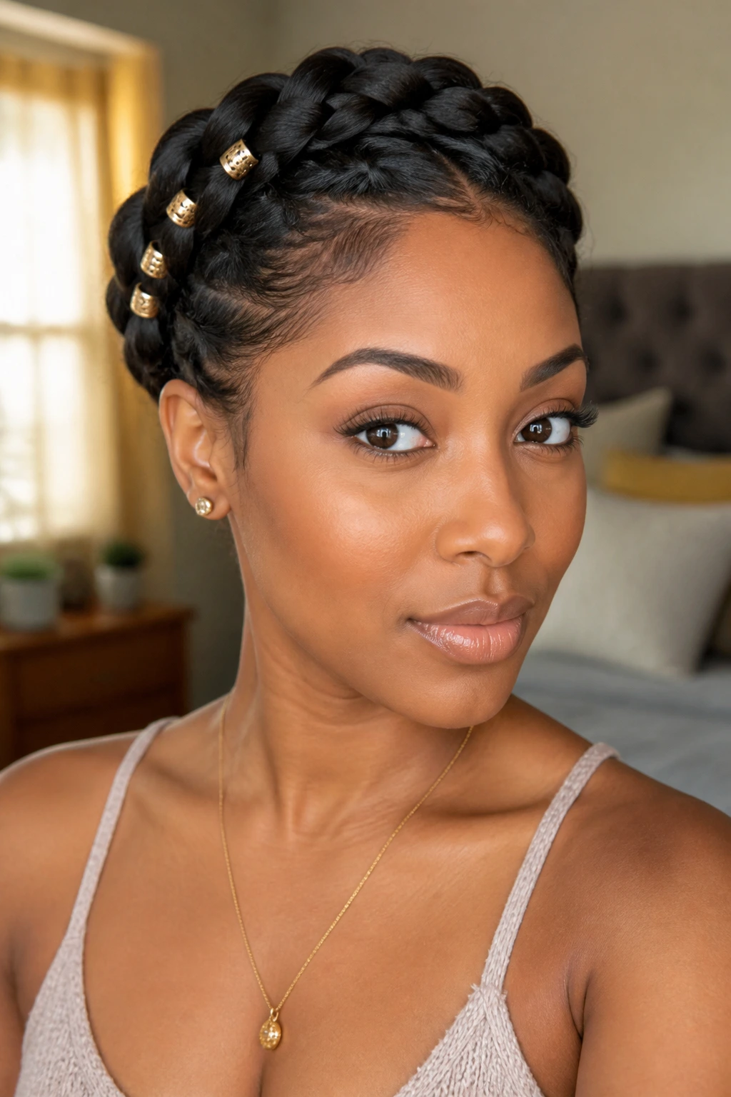 Close-up of a real woman's beaded halo braid in warm bedroom light
