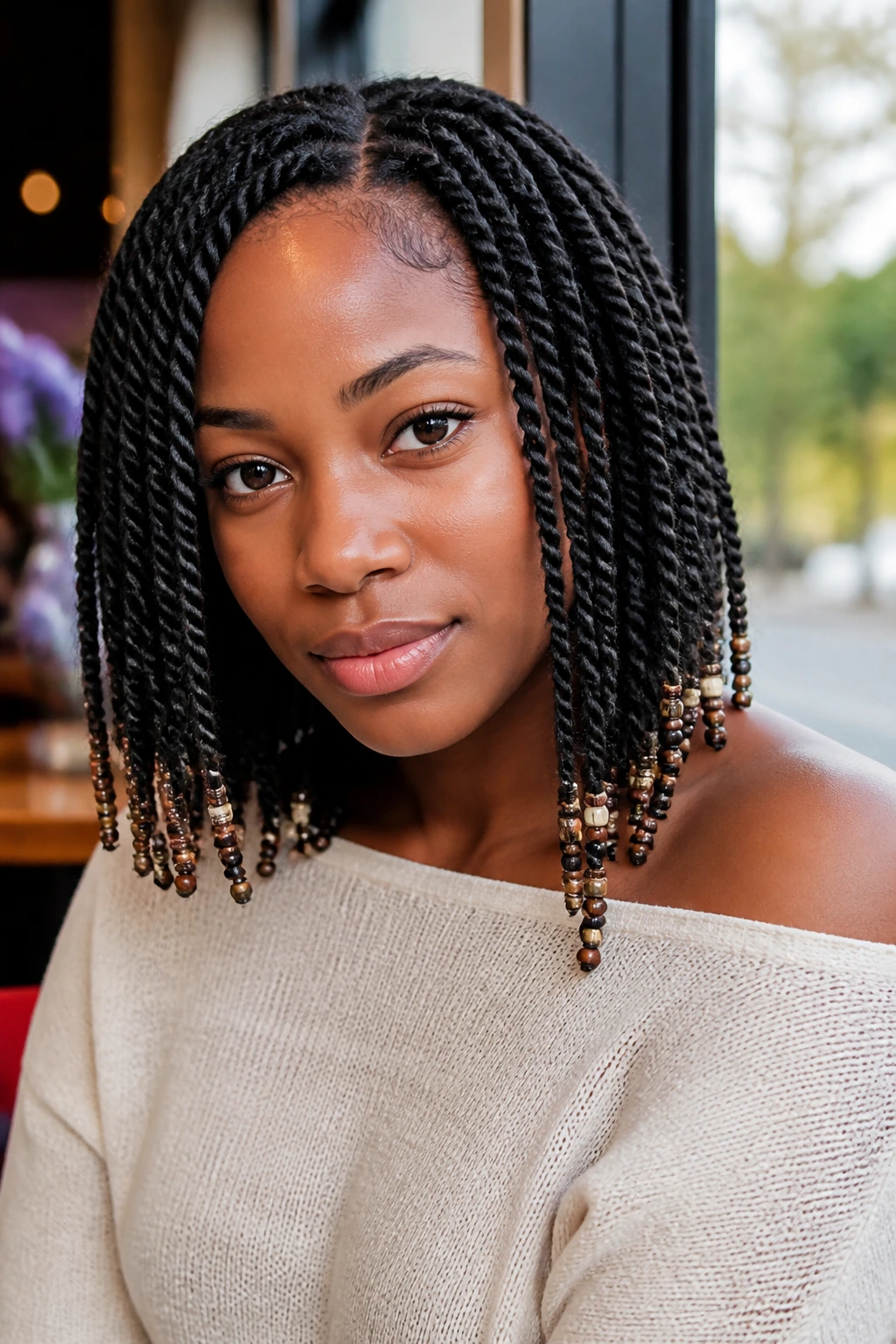 Close-up portrait of a real person with beaded Havana twists at the ends in a cafe setting