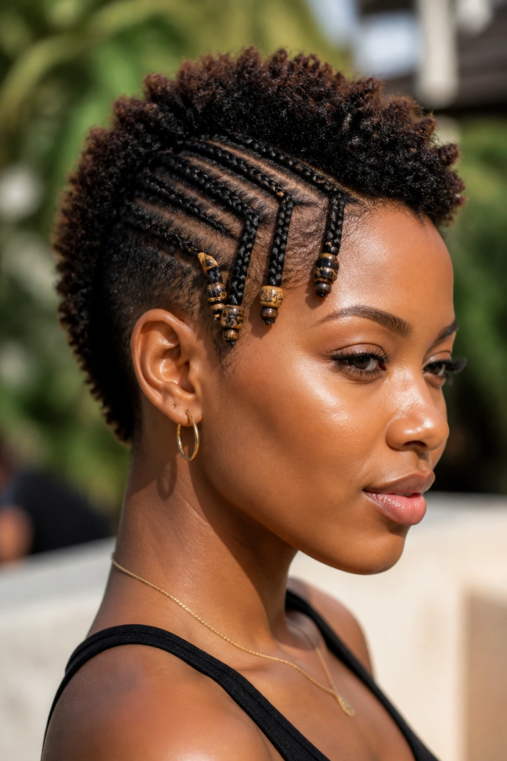 Portrait of a real person with beaded mini-braids hawk on short natural hair