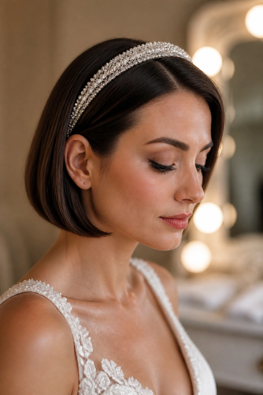Close-up of a real bride with Beaded Headband Bob hairstyle