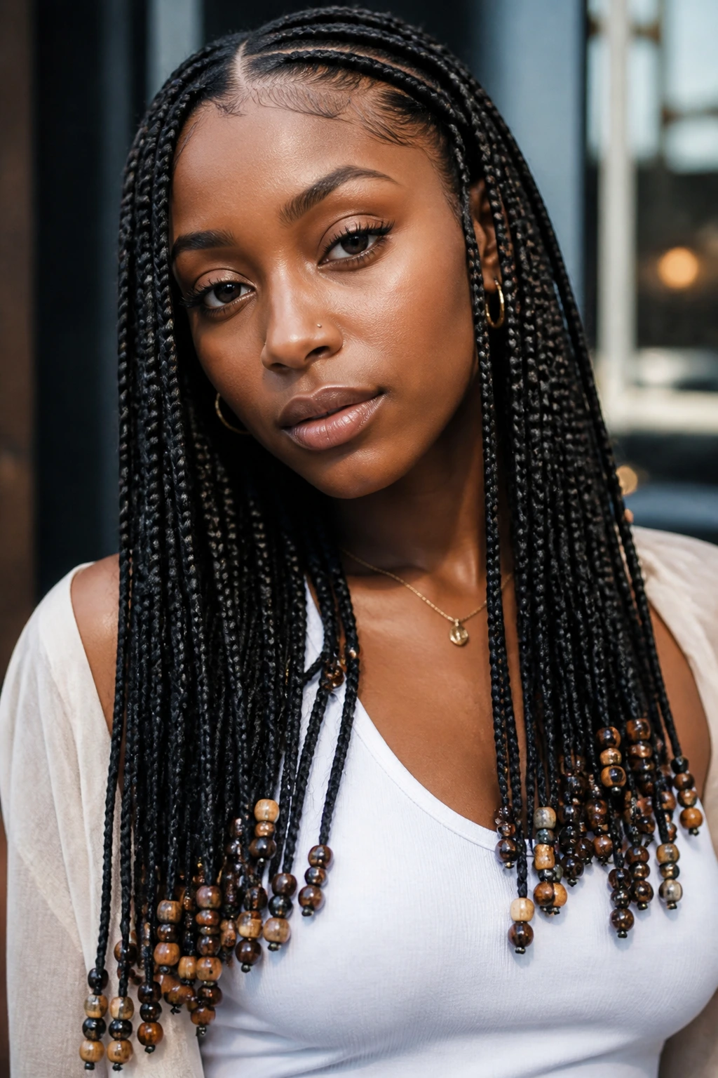 Portrait of a real woman with beaded knotless braids demonstrating wear and styling