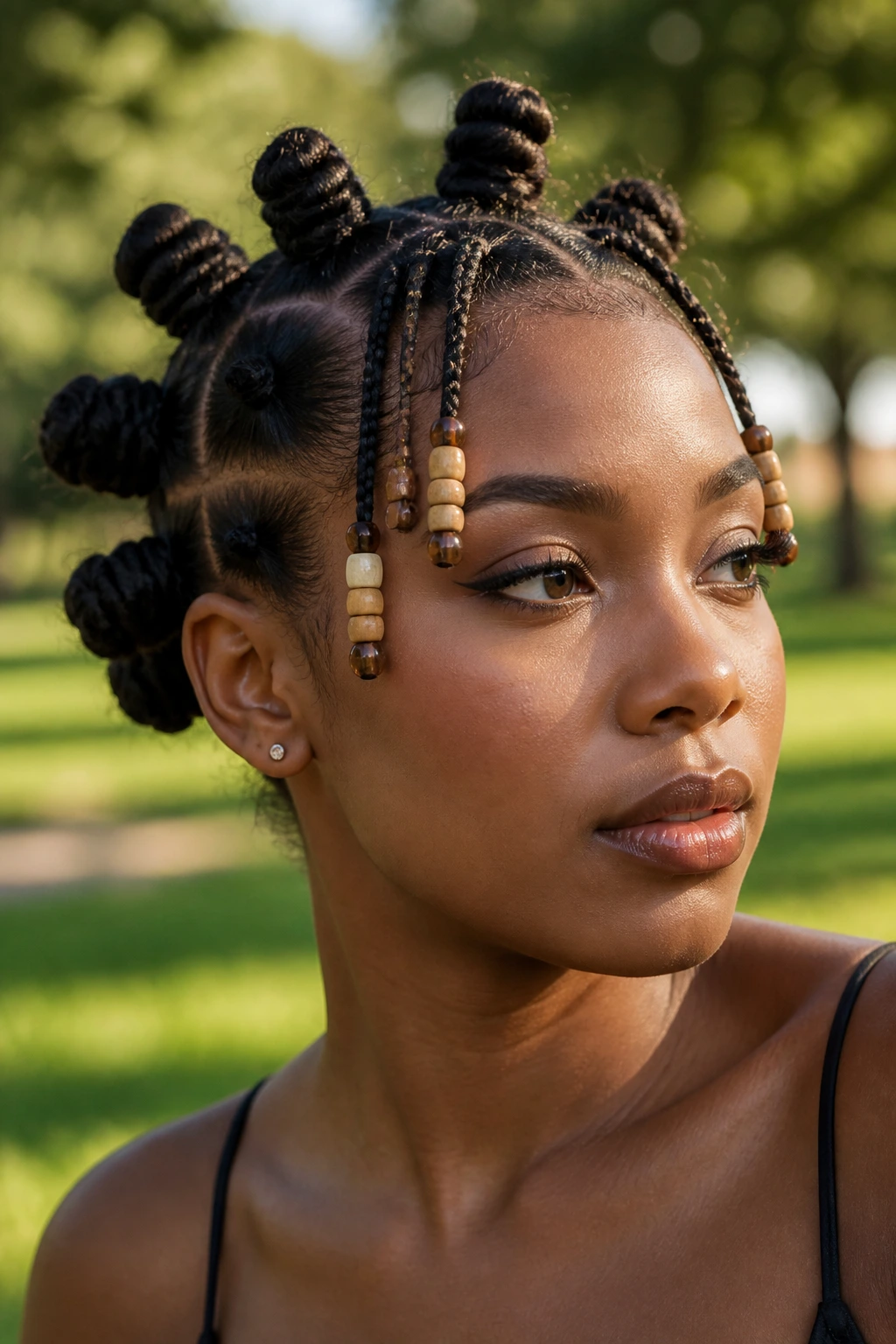 Close-up of Beaded Bantu Knots with Mini Braids on a real person in a park