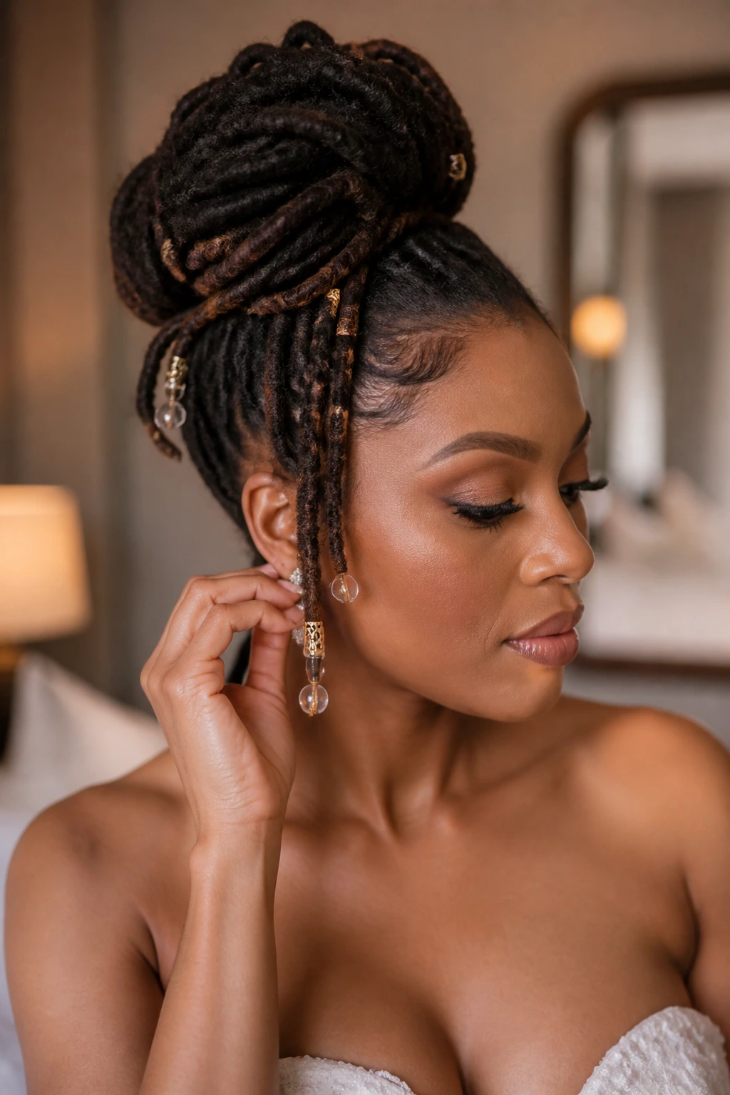 Close-up of a real bride with beaded loc ends in an updo