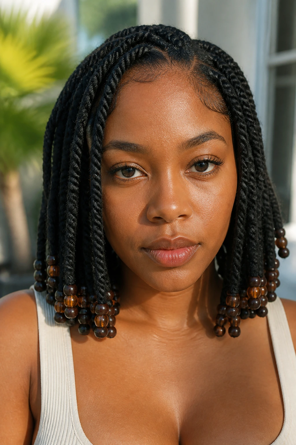 Close-up portrait of a real Black woman with Marley twists and beads at the ends.