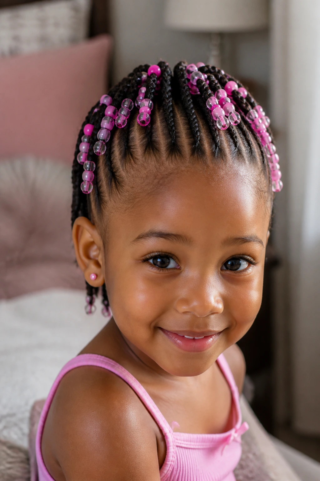Close-up of a young girl's beaded mini-braid mohawk with beads at braid ends