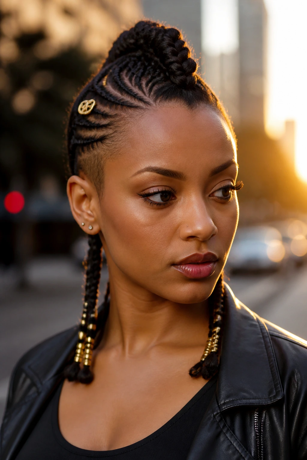 Close-up of a real woman with a beaded braid mohawk on an urban street at golden hour