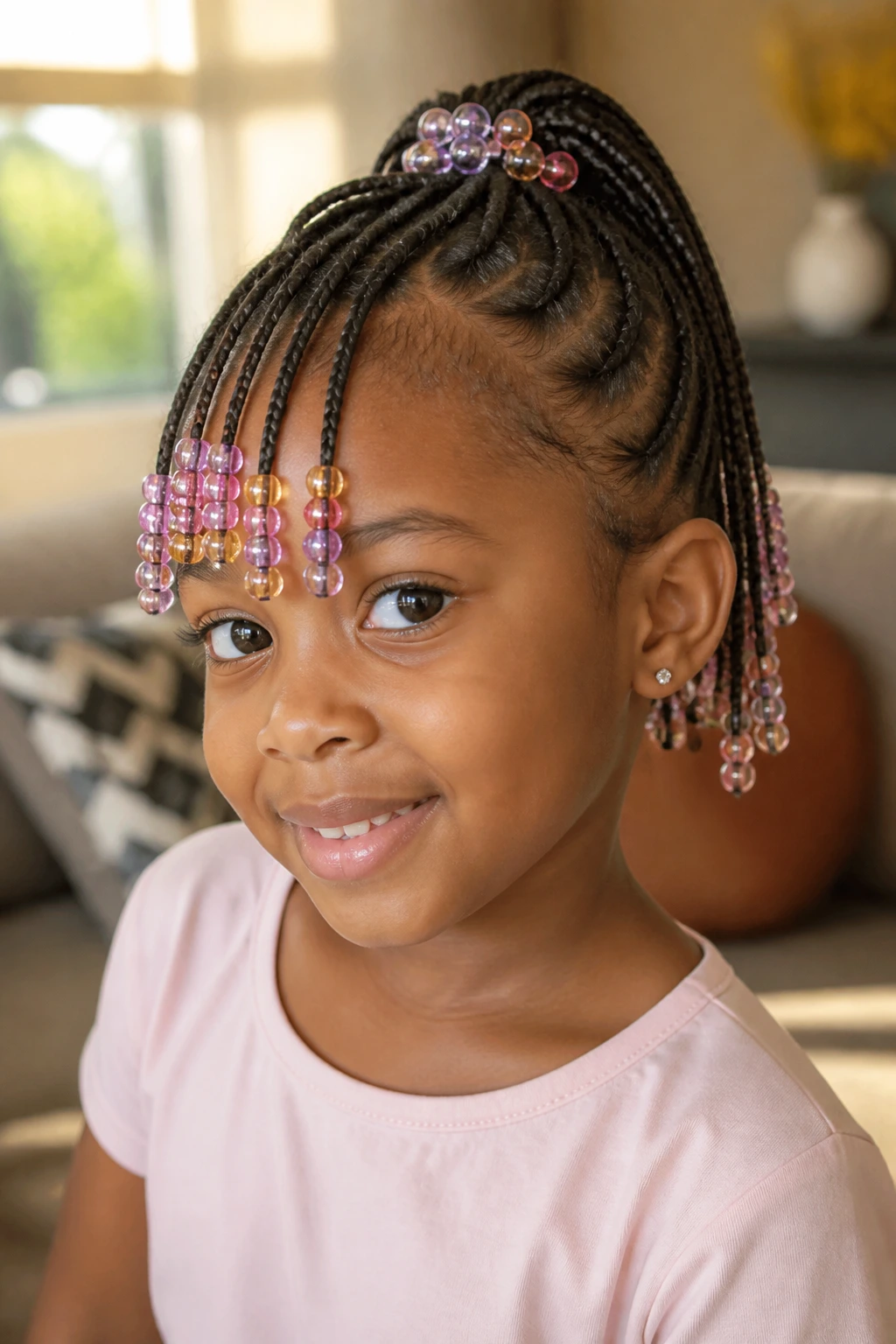Child with beaded pony showing beads on braided ends in warm living room light