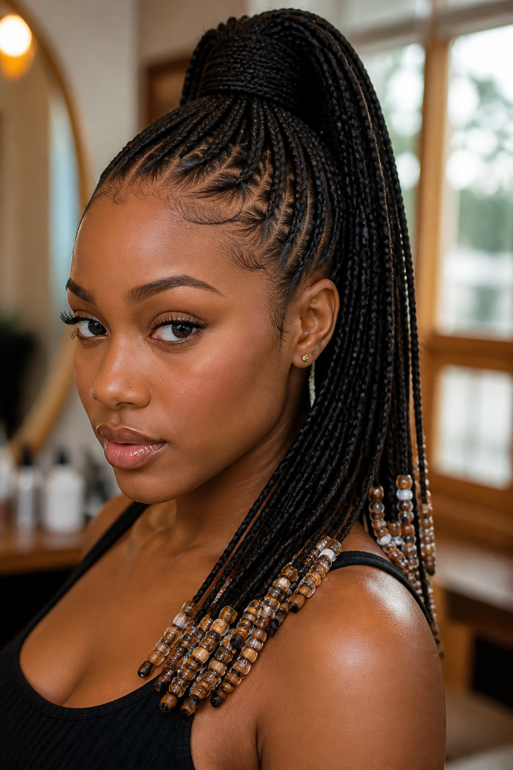 Close-up of a real woman with a high ponytail knotless braid and beaded tips in warm salon light
