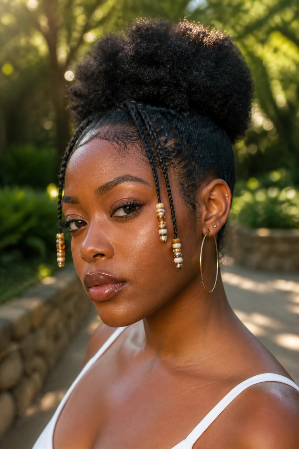 Real person with beads decorating the ends of hair near a puff in an outdoor setting