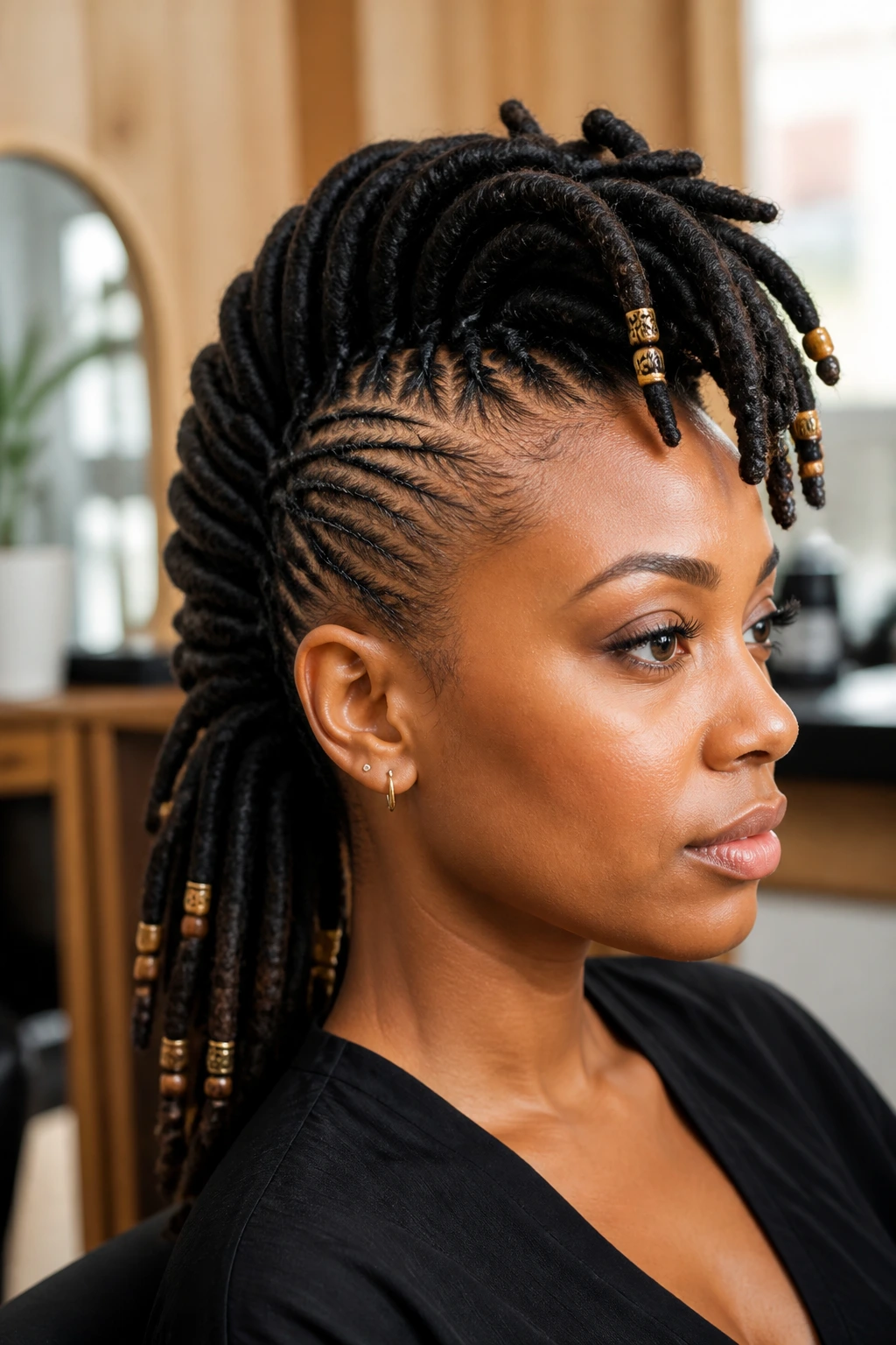Close-up portrait of a real person wearing a Beaded Statement Mohawk with beads along the locs.