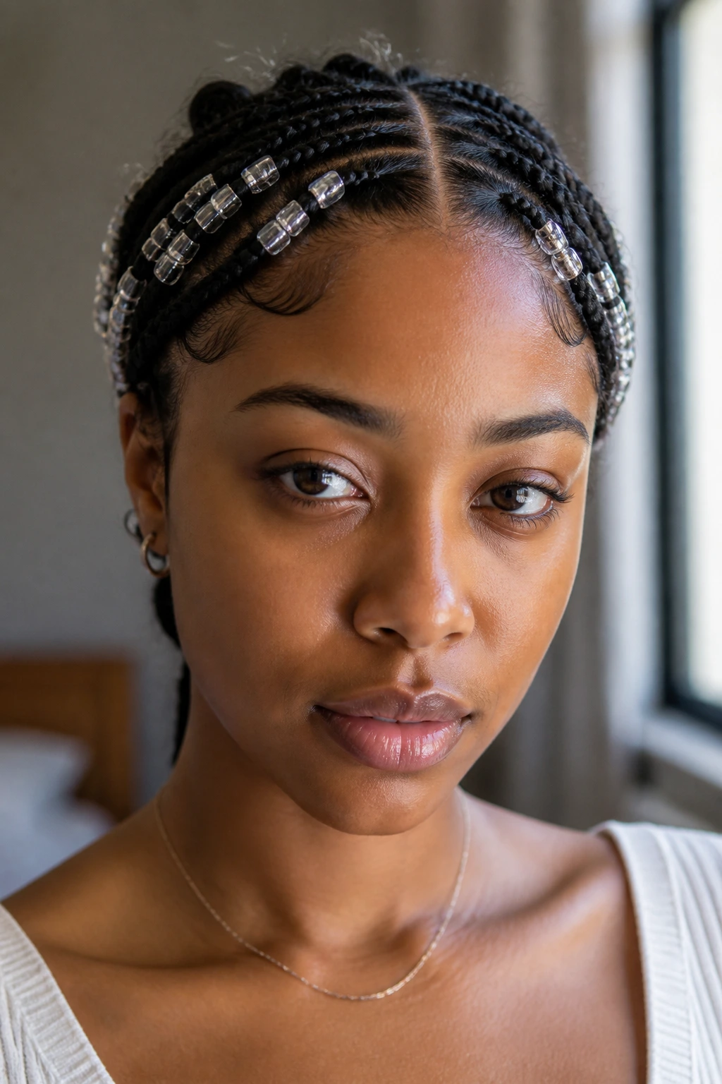 Close-up portrait of a real person wearing center-parted beaded tribal braids.