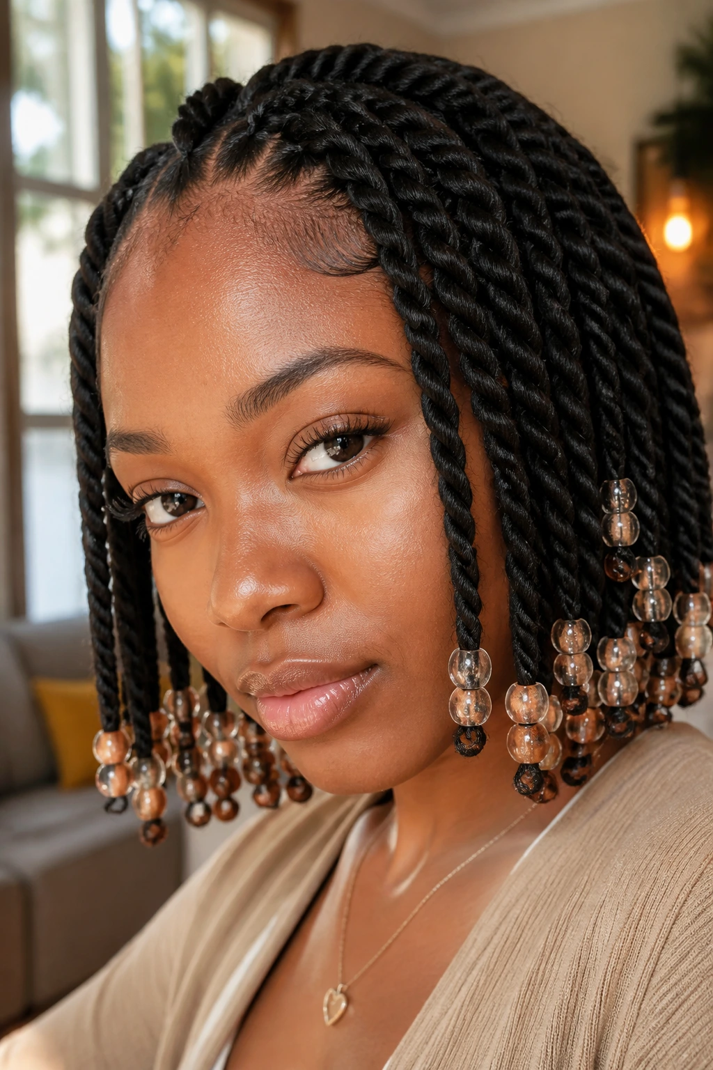 Close-up of a real person with beaded twists at the ends