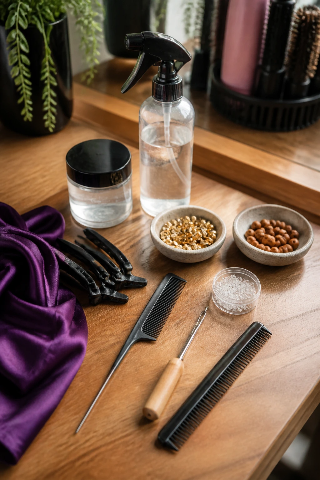 Close-up of essential hair-beading tools arranged on wood surface in a salon prep area