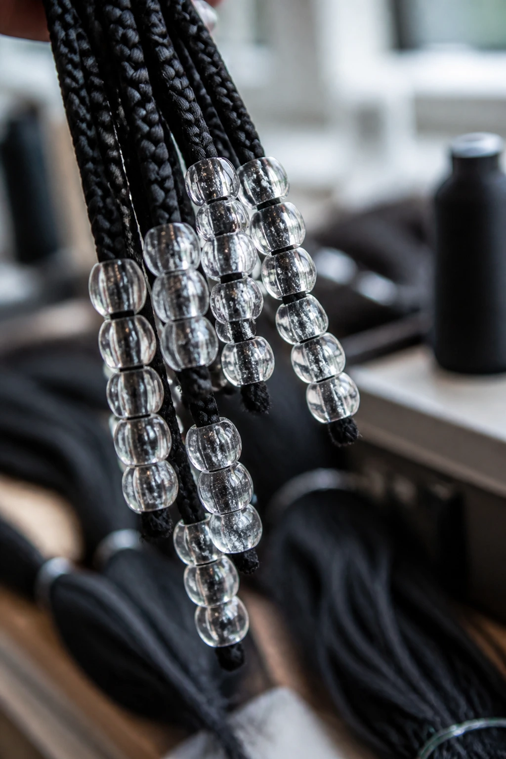 Close-up of clear acrylic beads on braiding hair