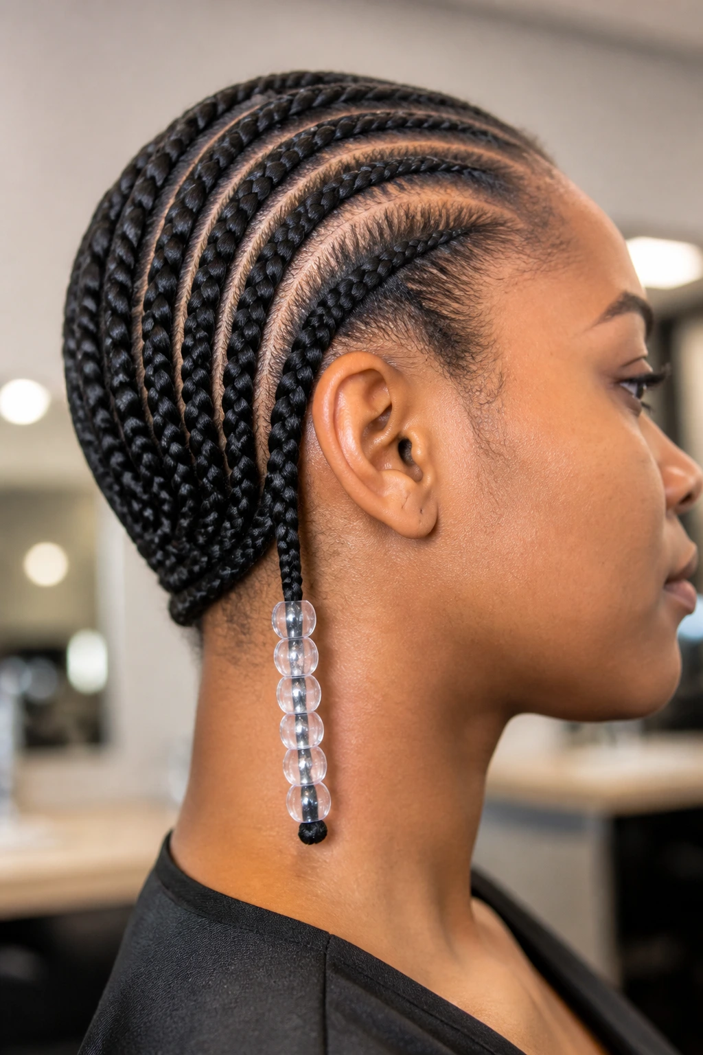 Close-up of a beaded braid demonstrating shape change due to beads
