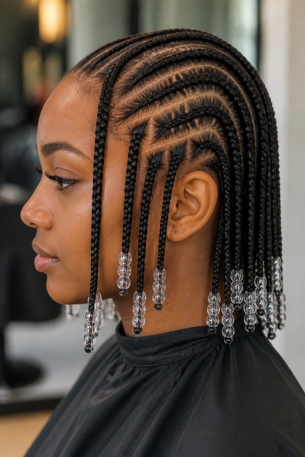Close-up of a real person with beads on tribal braids illustrating shape and weight changes