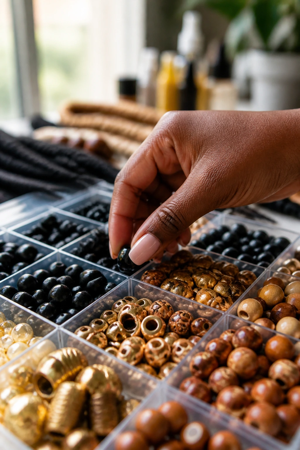 Hand selecting beads emphasizing size and texture