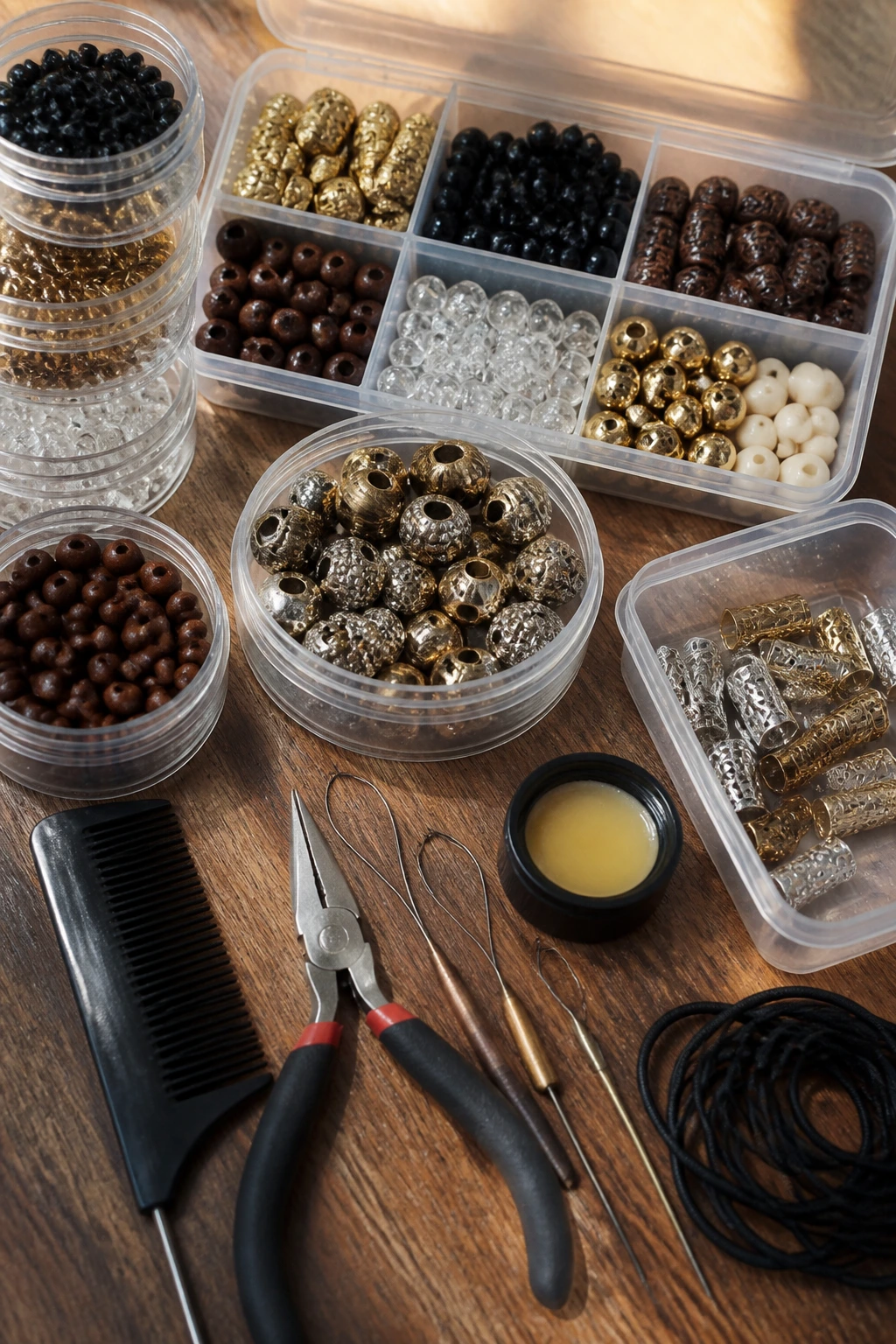 Top-down still life of beads and beading tools on a wooden table