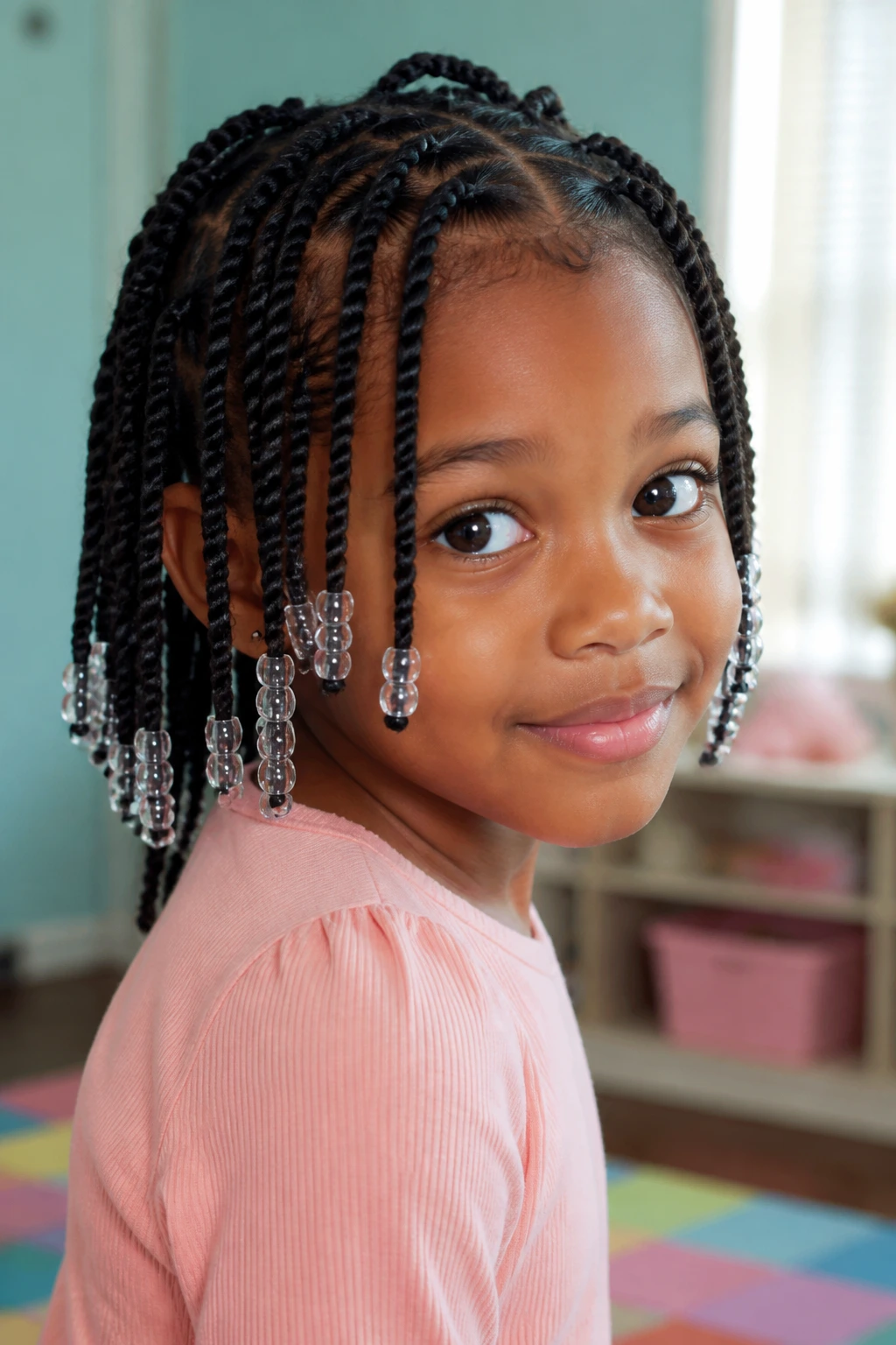 Close-up of a child with beaded twists in a bright playroom.
