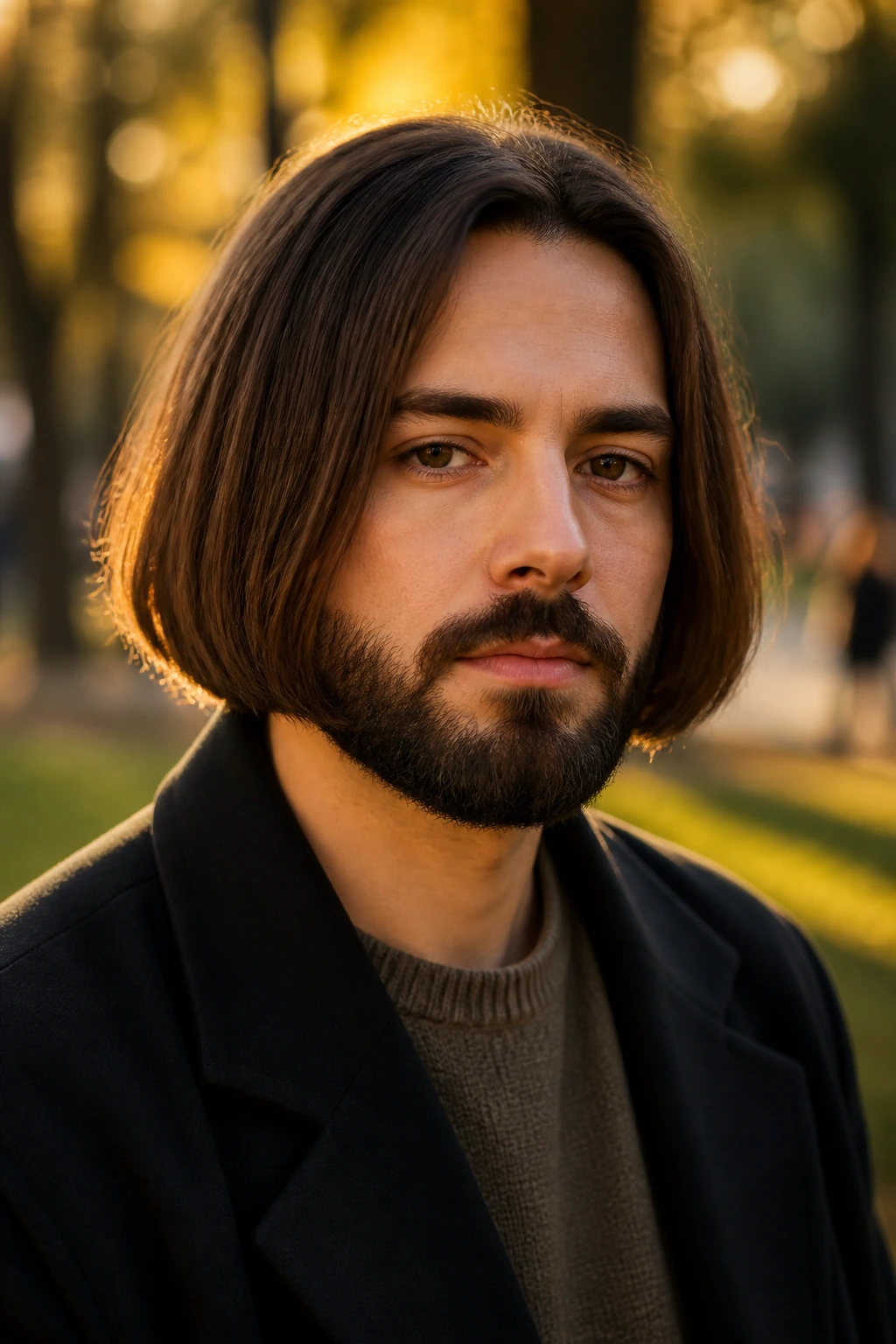 Man with beard-balanced bob and beard in city park light