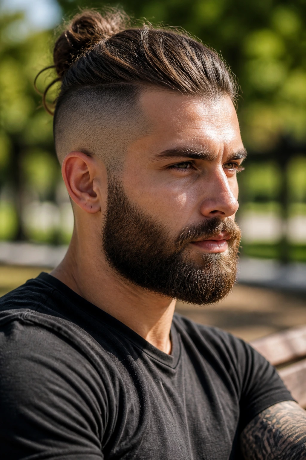 Close-up portrait of a real person with beard-balanced buzz and long top hairstyle