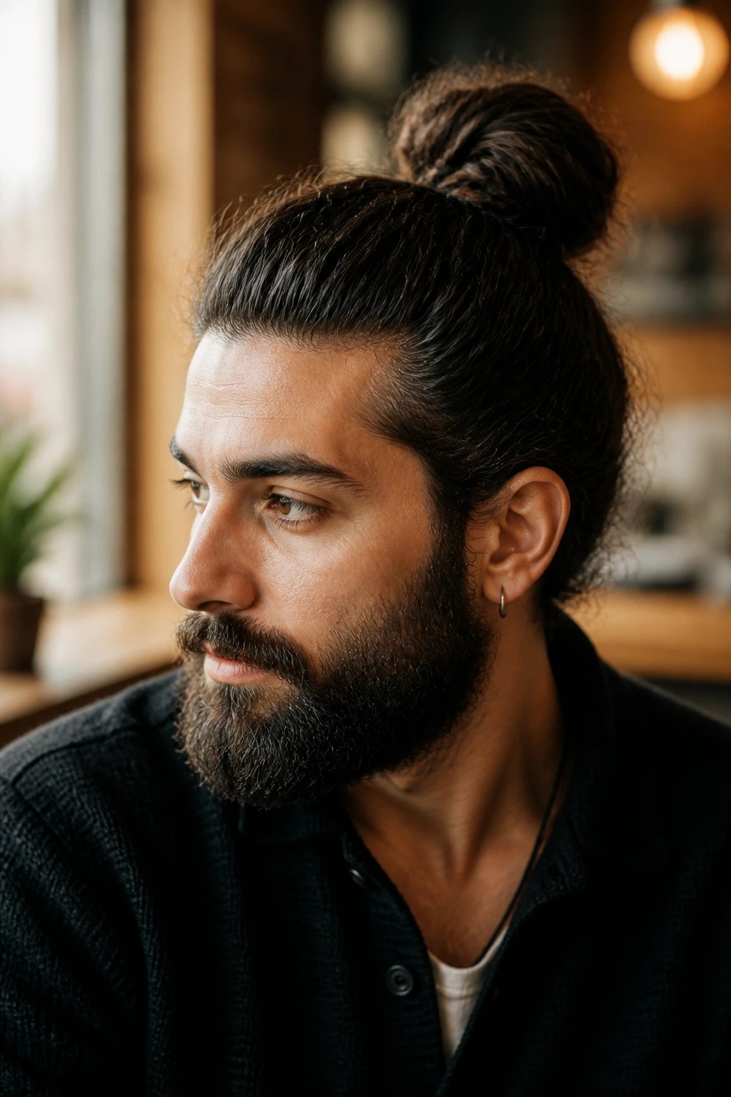 Beard-balanced knot on a man with a beard