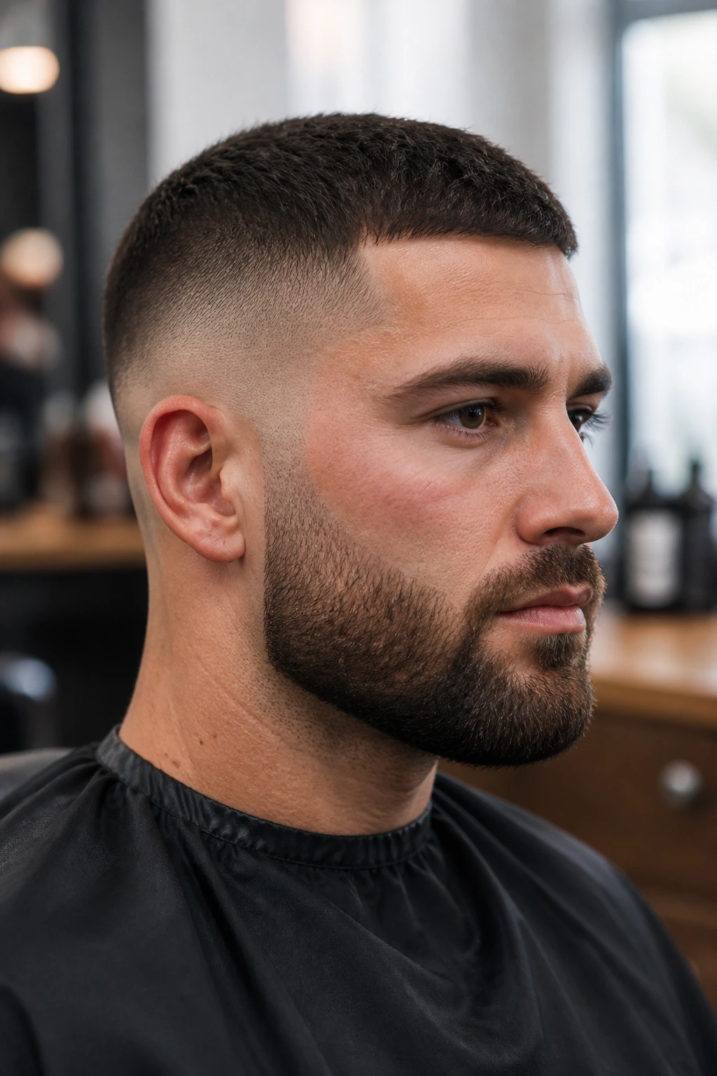 Close-up portrait of a real man with a beard-blend crew cut