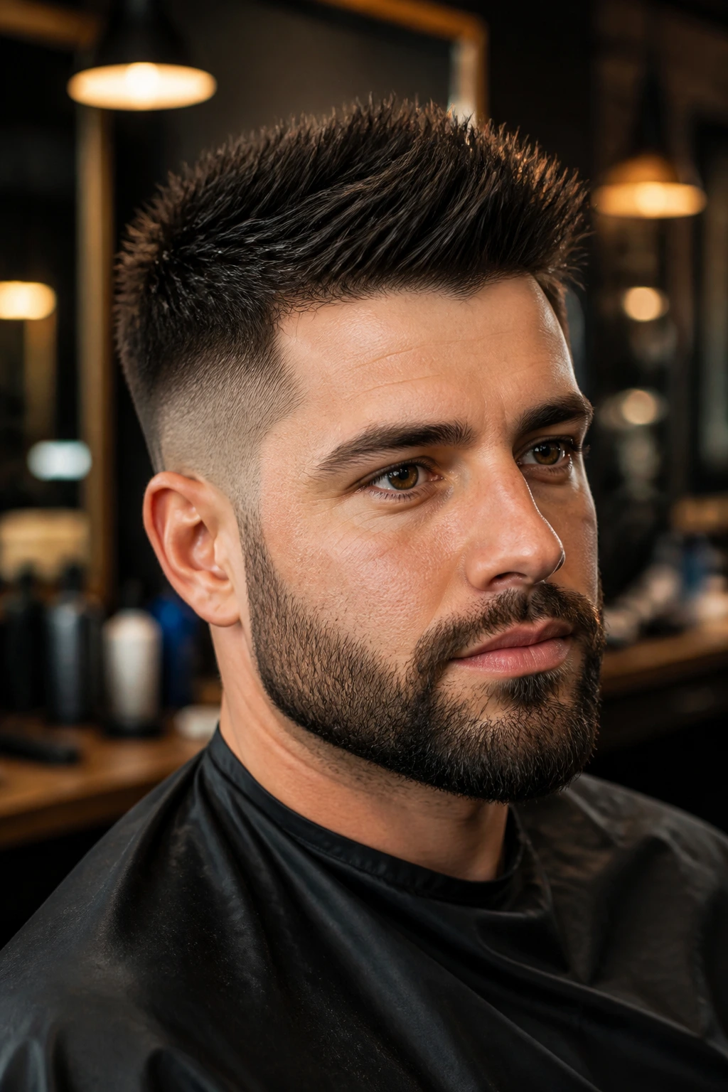 Close-up portrait of a real man with beard-blend spikes and a clean beard in barber shop ambiance