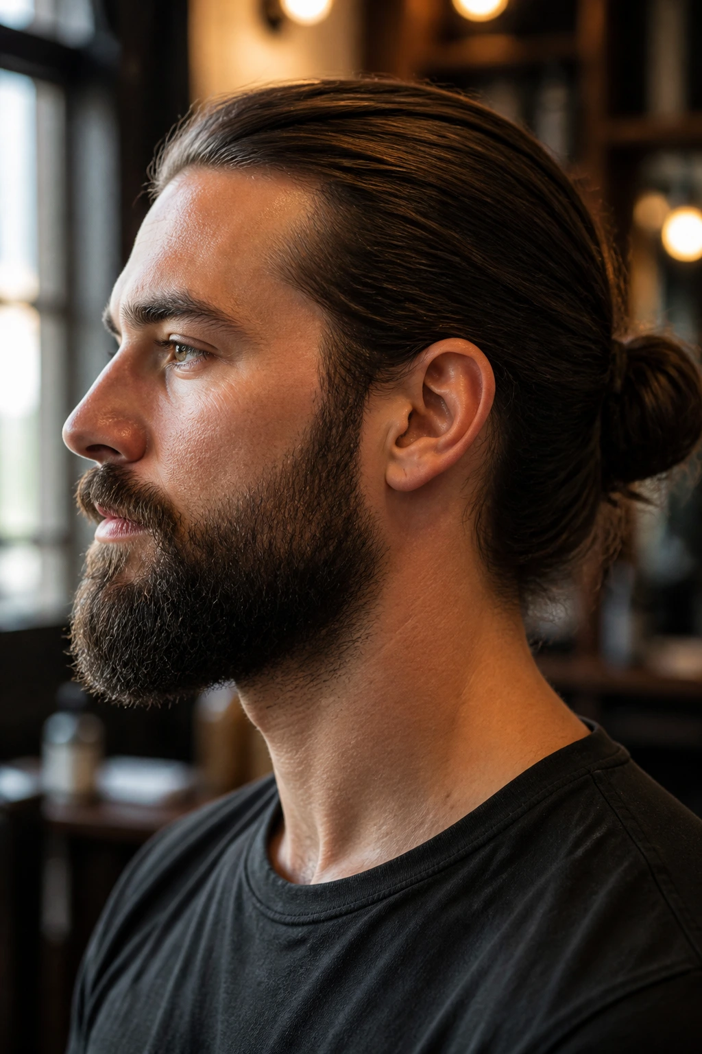 Close-up portrait of a man with a full beard and low bun in a barbershop setting.