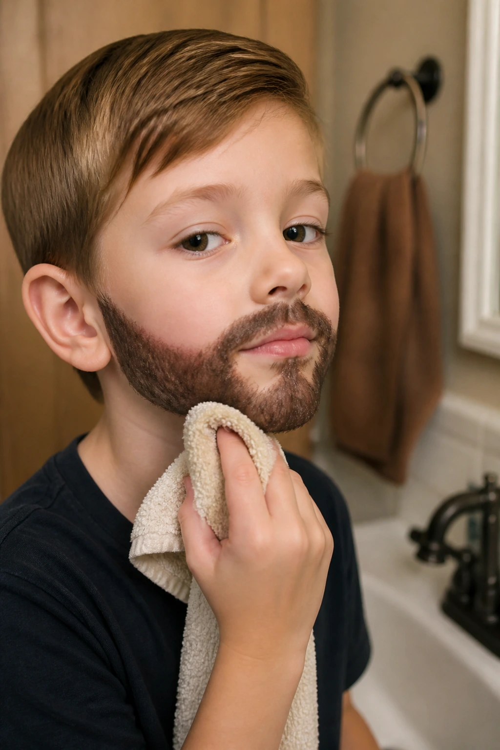Young boy at bathroom sink wiping beard with a soft cloth.