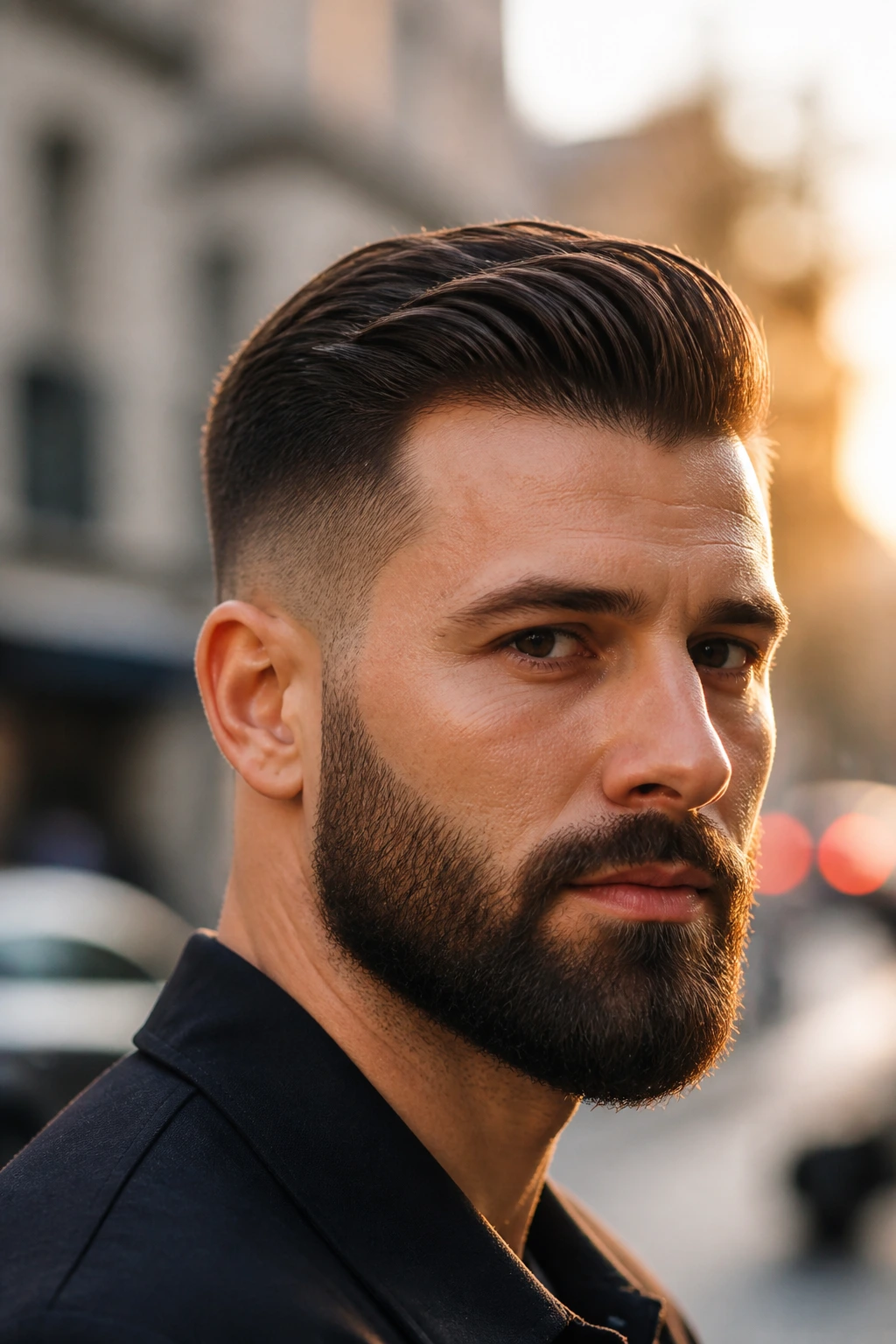 Portrait of a man with a beard smoothly connected to a comb-over hairstyle