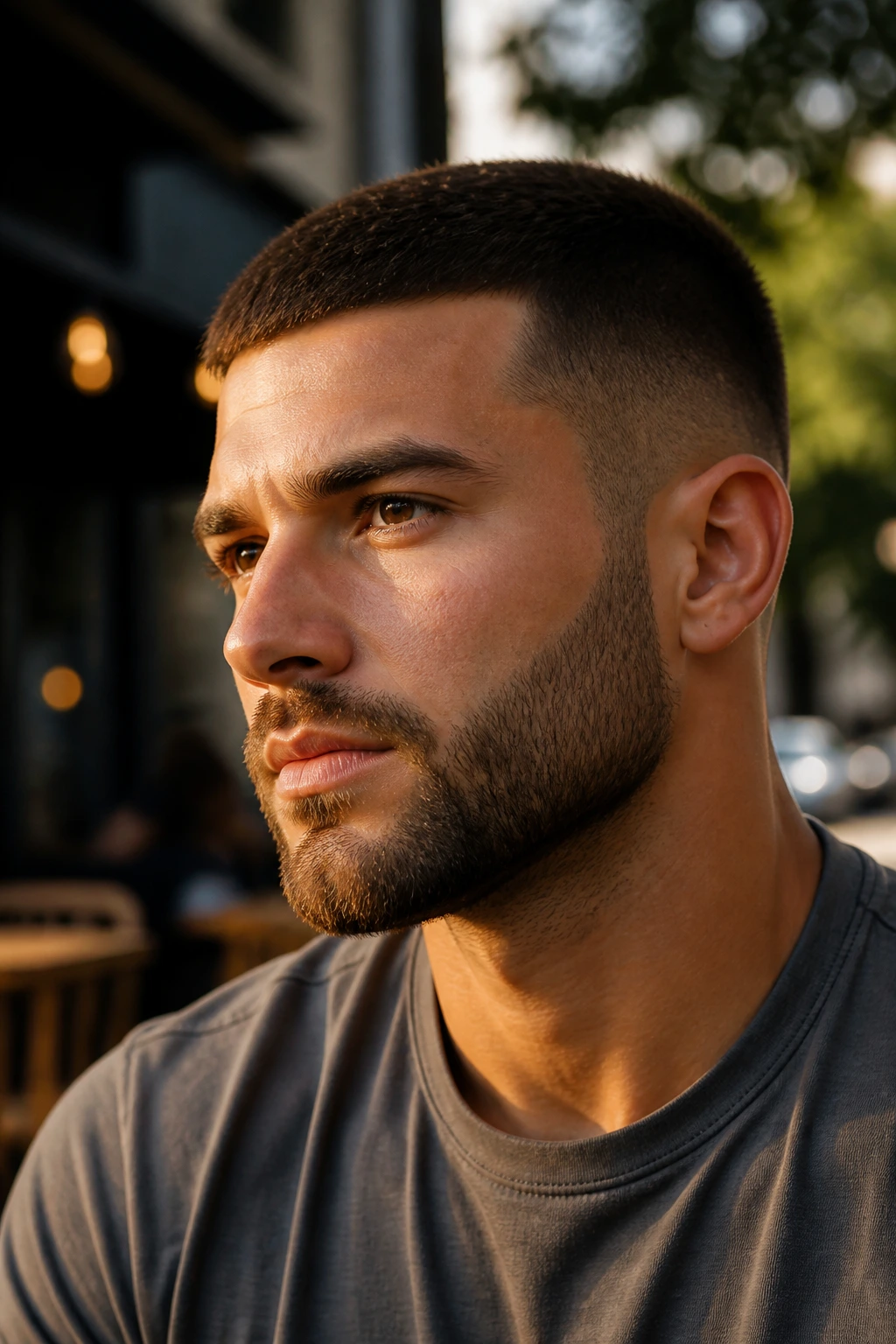 Close-up of man with beard-connected crew cut in cafe setting