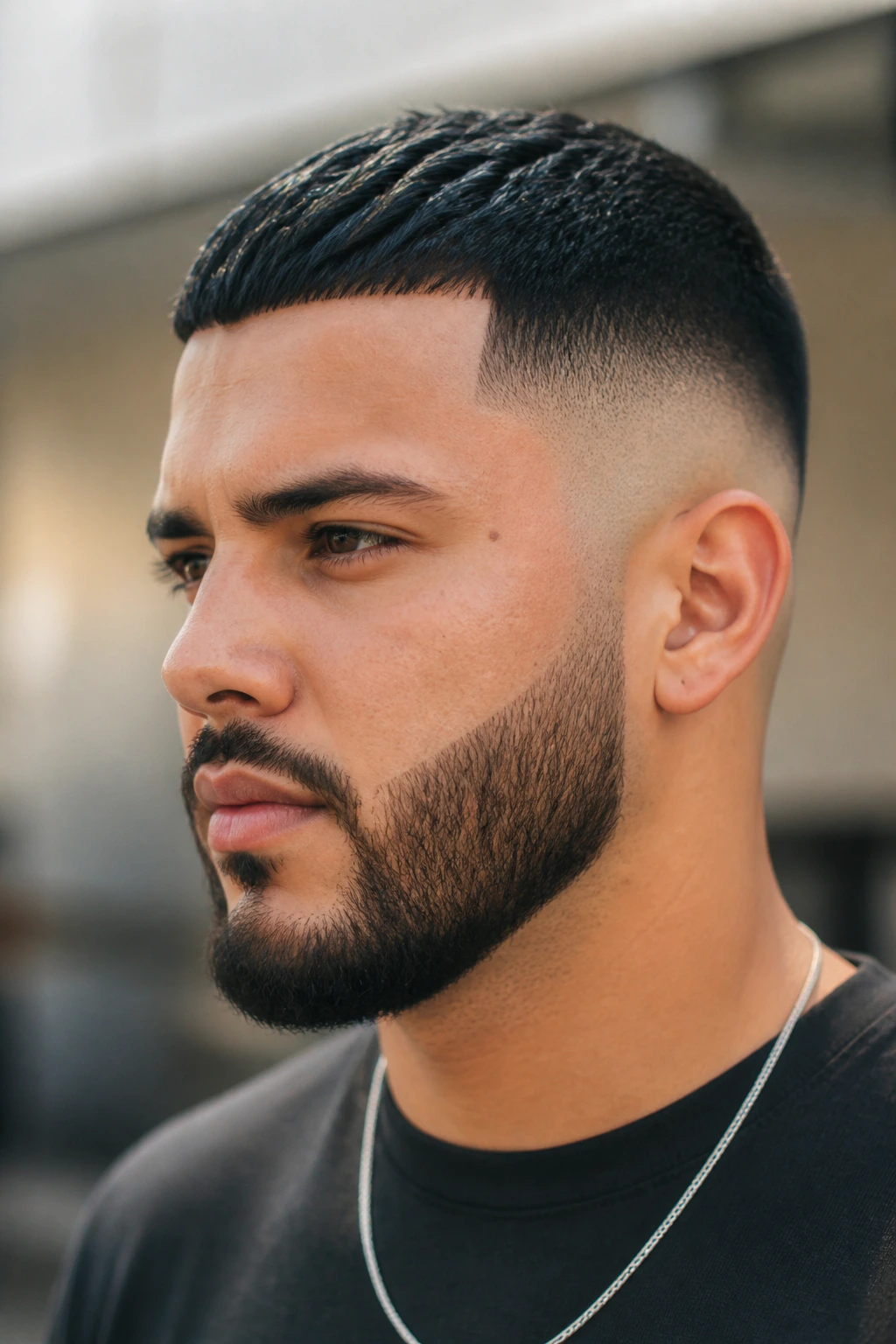Portrait of a man with a beard-connected fade showing variation