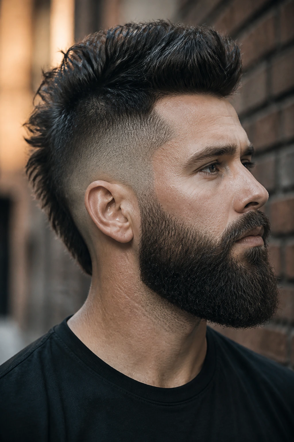 Close-up portrait of a man with a beard-connected mohawk in a brick alley