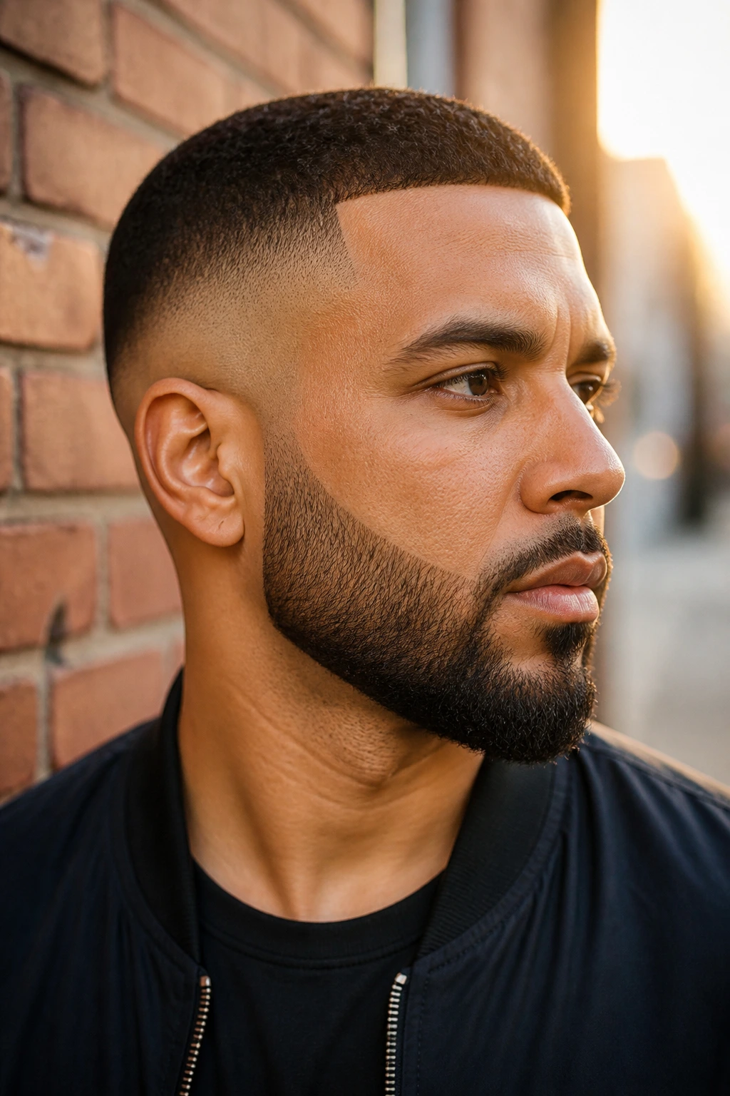 Portrait of man with beard-connected short fade